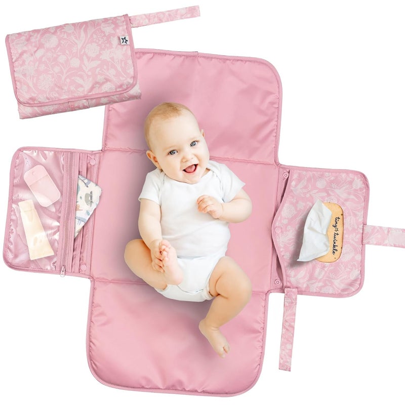 Tiny Twinkle Portable Diaper Changing Pad | Waterproof, Wipeable & Compact Baby Changing Pad for Travel | Smart Wipes Pocket & Organized Storage| Newborn Shower Gift (Toile) - Image 1